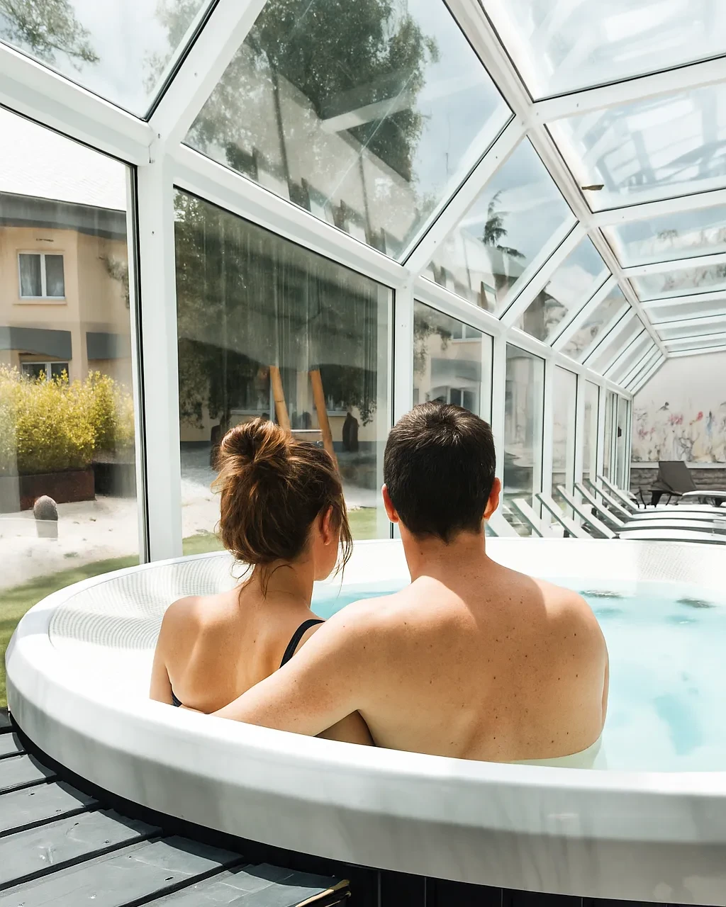 Couple relaxant dans un jacuzzi intérieur lumineux